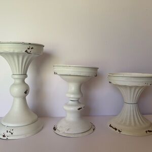 Distressed White Metal Pedestal Candle Holders - Set of 3 Shabby Chic Farmhouse